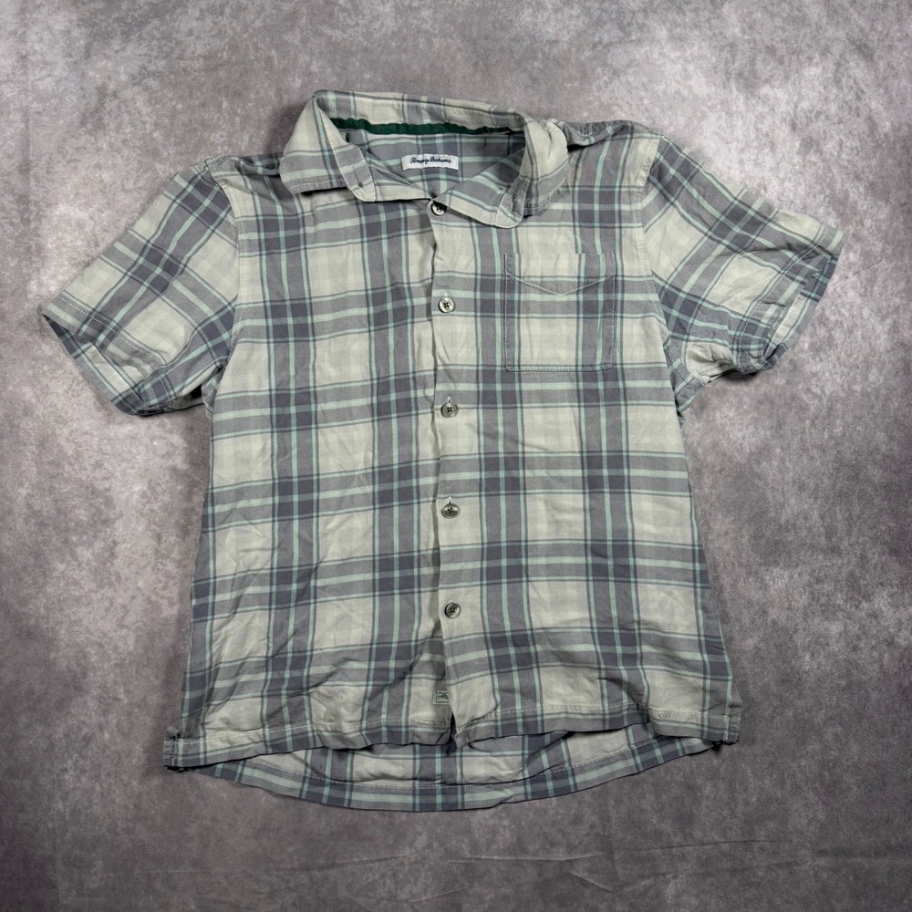 Tommy Bahama Mens 100% Silk Plaid Short Sleeve Button Down Shirt Grey Mint Small